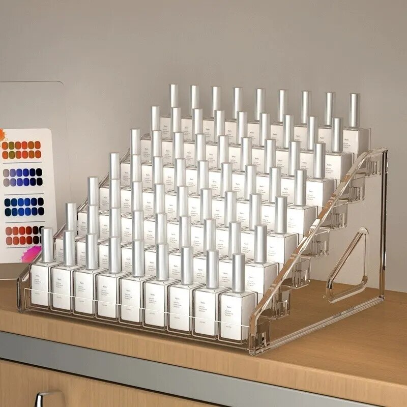 Acrylic nail polish display stand in a salon setting