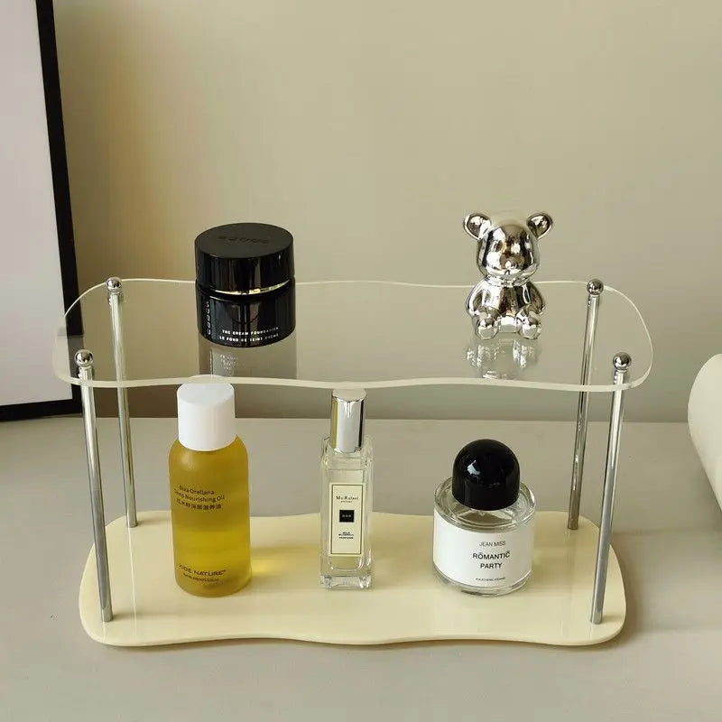 2 layer acrylic perfume shelf in a minimalist bathroom