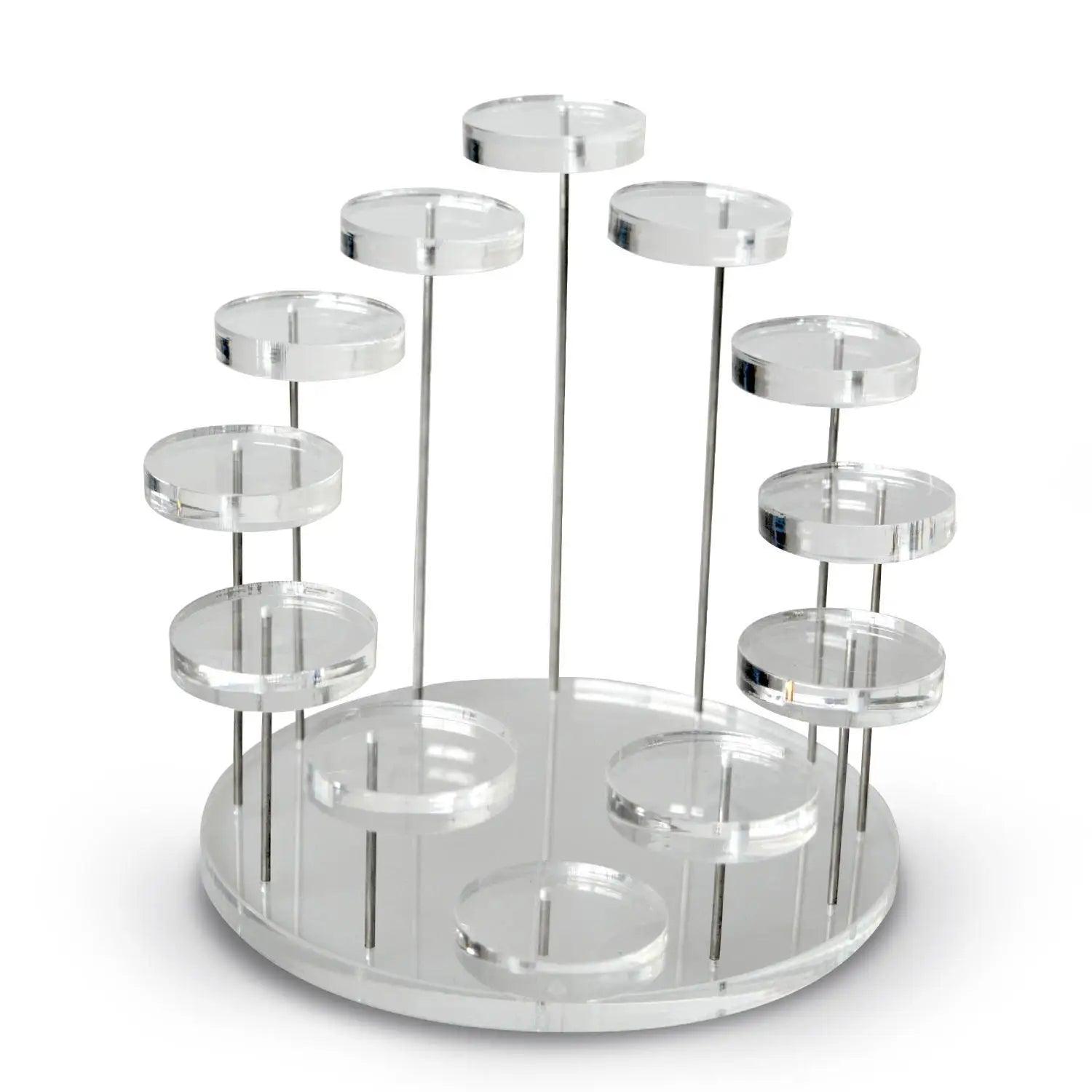 Clear acrylic display stand with 12 round seats for showcasing small items, jewelry, and collectibles